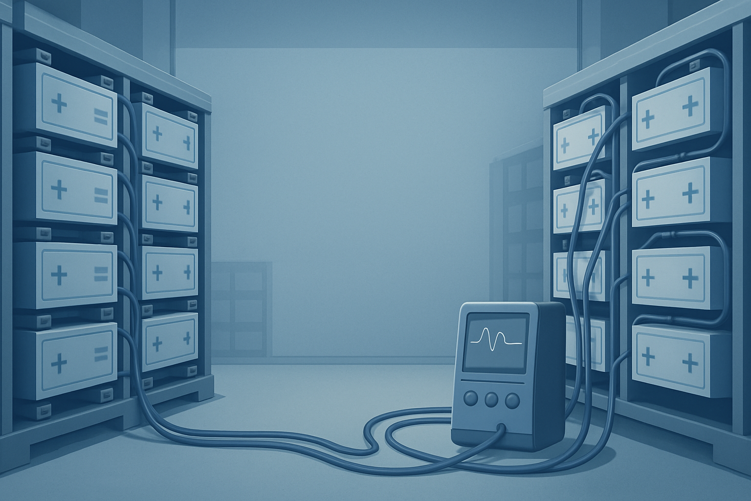 Sistema de almacenamiento de baterías industriales con dispositivo de medición en un entorno industrial silencioso.